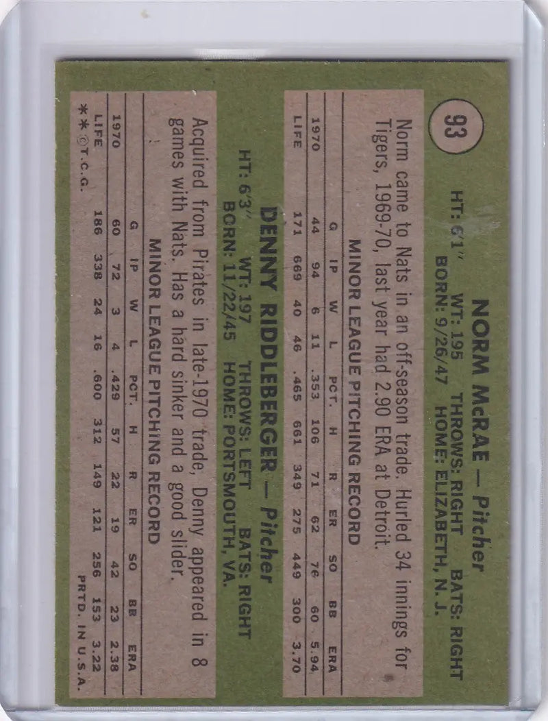 1971 Topps Baseball #93 Senators Rookies - Norm McRae / Denny Riddleberger RC