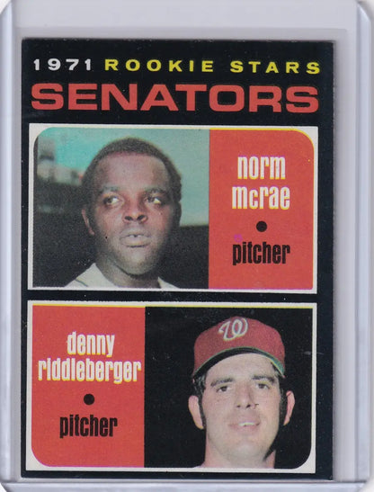 1971 Topps Baseball card featuring Senators Rookies Norm McRae and Denny Riddleberger pitchers