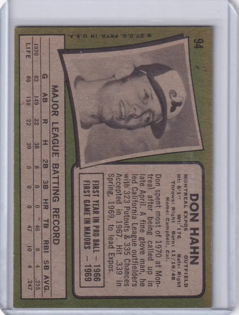 1971 Topps Baseball #94 Don Hahn - Montreal Expos RC