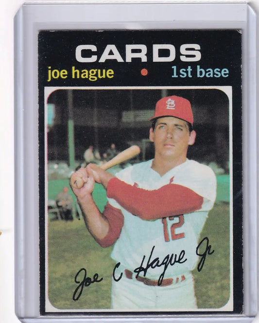 Vintage Topps Baseball card of Joe Hague, St. Louis Cardinals player with bat