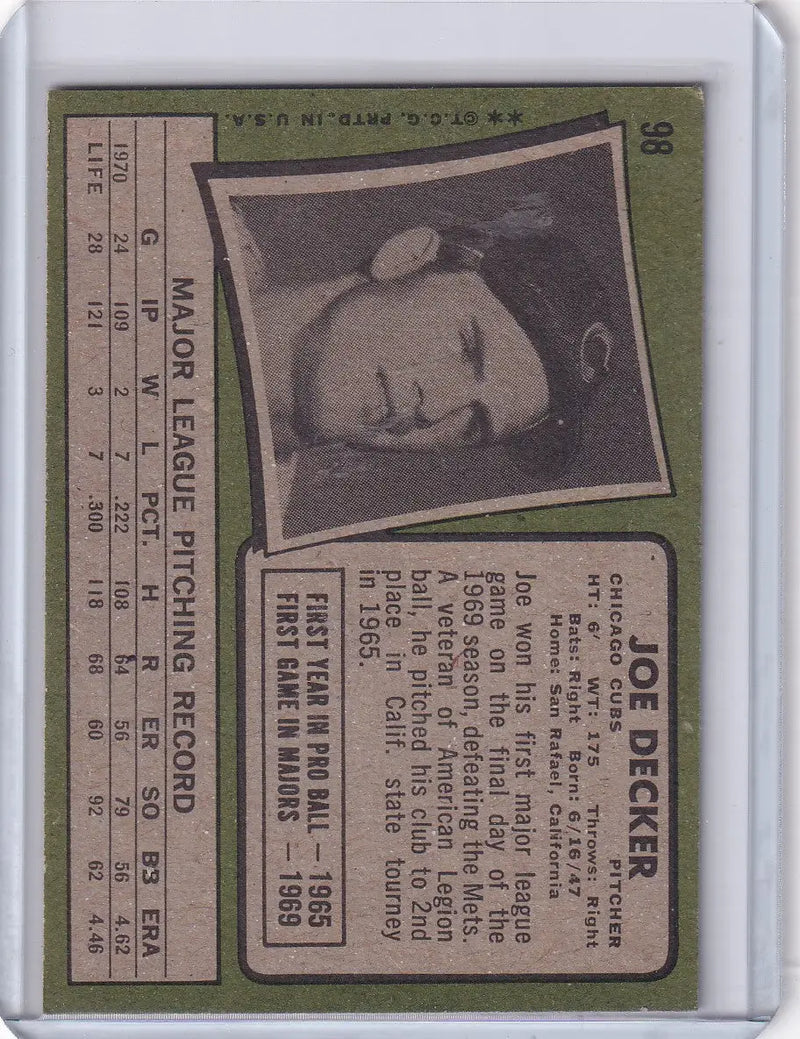 1971 Topps Baseball #98 Joe Decker - Chicago Cubs RC