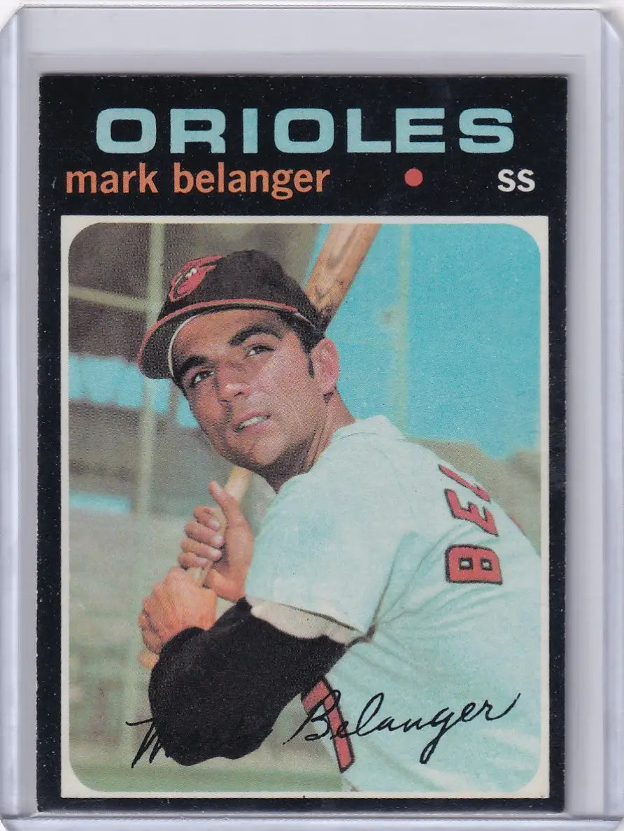 Baseball card of Mark Belanger in batting stance for Topps Baseball, Baltimore Orioles