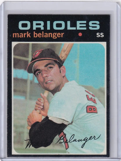 Baseball card of Mark Belanger in batting stance for Topps Baseball, Baltimore Orioles