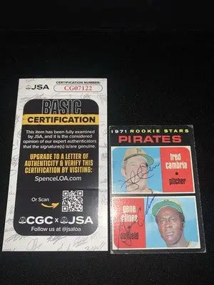 Signed 1971 Topps Baseball Fred Cambria Gene Clines rookie card with JSA certification