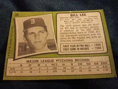 1971 Topps - Bill Lee #58. Boston Red Sox. VG+ - Baseball Card Single