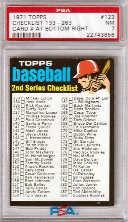 Graded 1971 Topps Checklist #123 PSA 7 NM baseball card, Columbia Hobby topps checklist