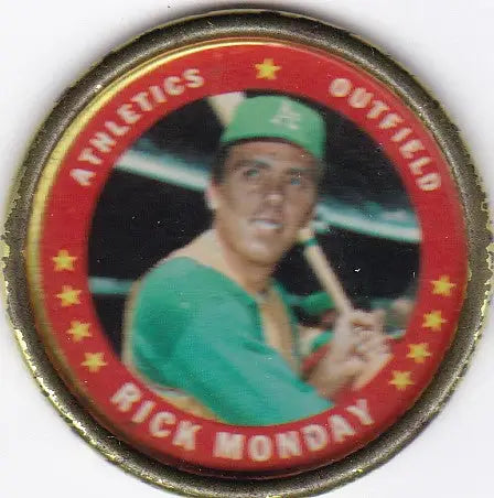 Circular Topps Coins collectible featuring Rick Monday of the Oakland Athletics