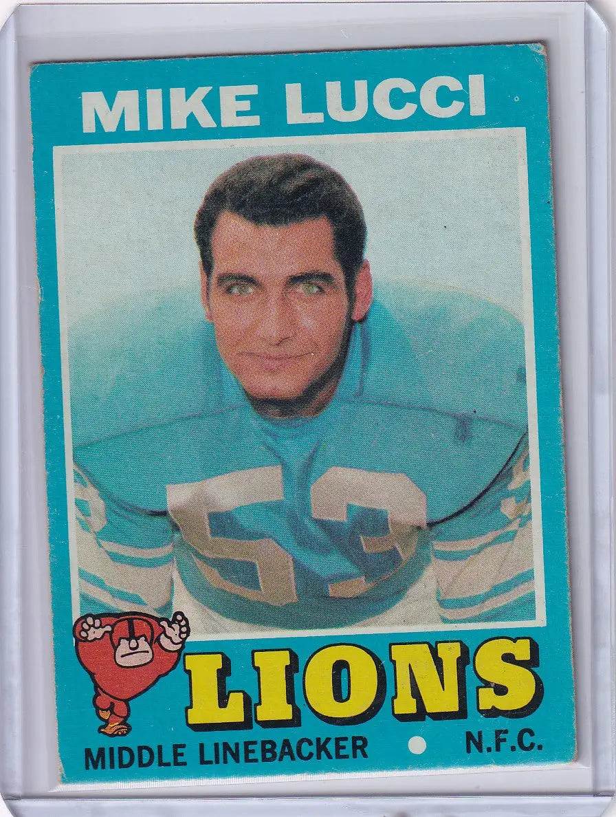 Football trading card of Mike Lucci in teal jersey 53 for Topps Football Detroit Lions
