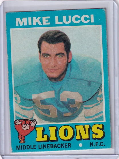 Football trading card of Mike Lucci in teal jersey 53 for Topps Football Detroit Lions