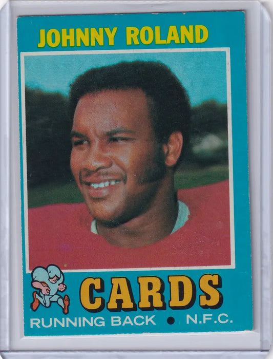 Vintage Topps Football card of Johnny Roland in a red jersey for St. Louis Cardinals