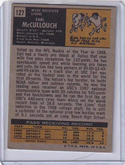 1971 Topps Football card of Earl McCullouch from the Detroit Lions, 1969 edition