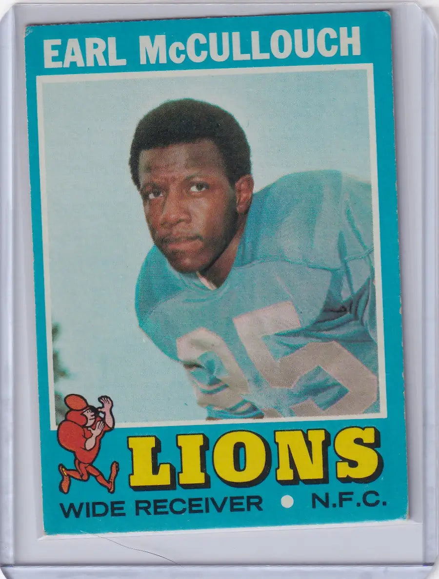Vintage Topps Football card of Earl McCullouch in Detroit Lions light blue jersey