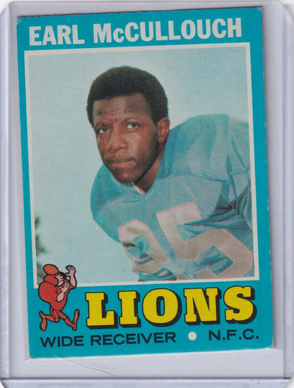 Vintage Topps Football card of Earl McCullouch in Detroit Lions light blue jersey