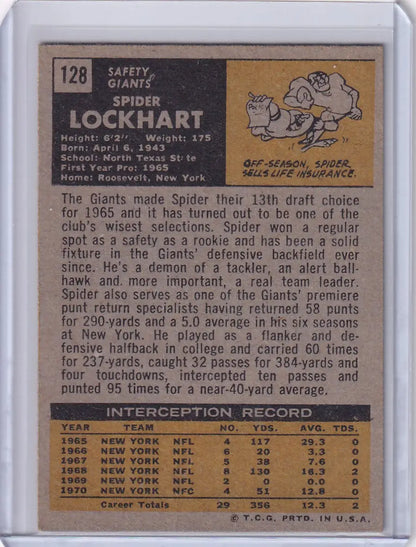 Vintage Topps Football trading card of Spider Lockhart, New York Giants player stats