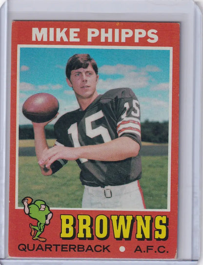 Vintage Topps Football card of Mike Phipps, Cleveland Browns quarterback with football