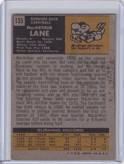 Vintage Topps Football card of MacArthur Lane from St. Louis Cardinals RC