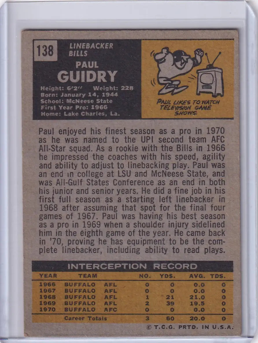 Vintage Topps Football trading card of Paul Guidry from the Buffalo Bills