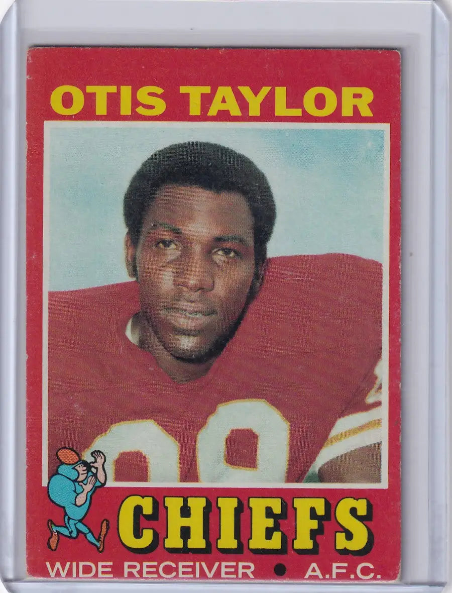 Vintage Topps Football card of Otis Taylor in Kansas City Chiefs red jersey