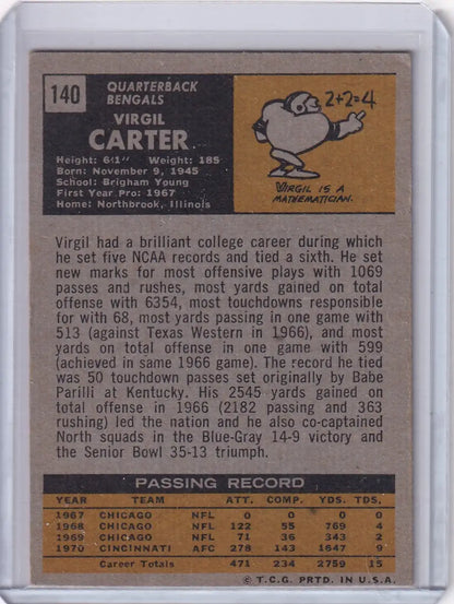 Vintage Topps Football card featuring Virgil Carter of the Cincinnati Bengals