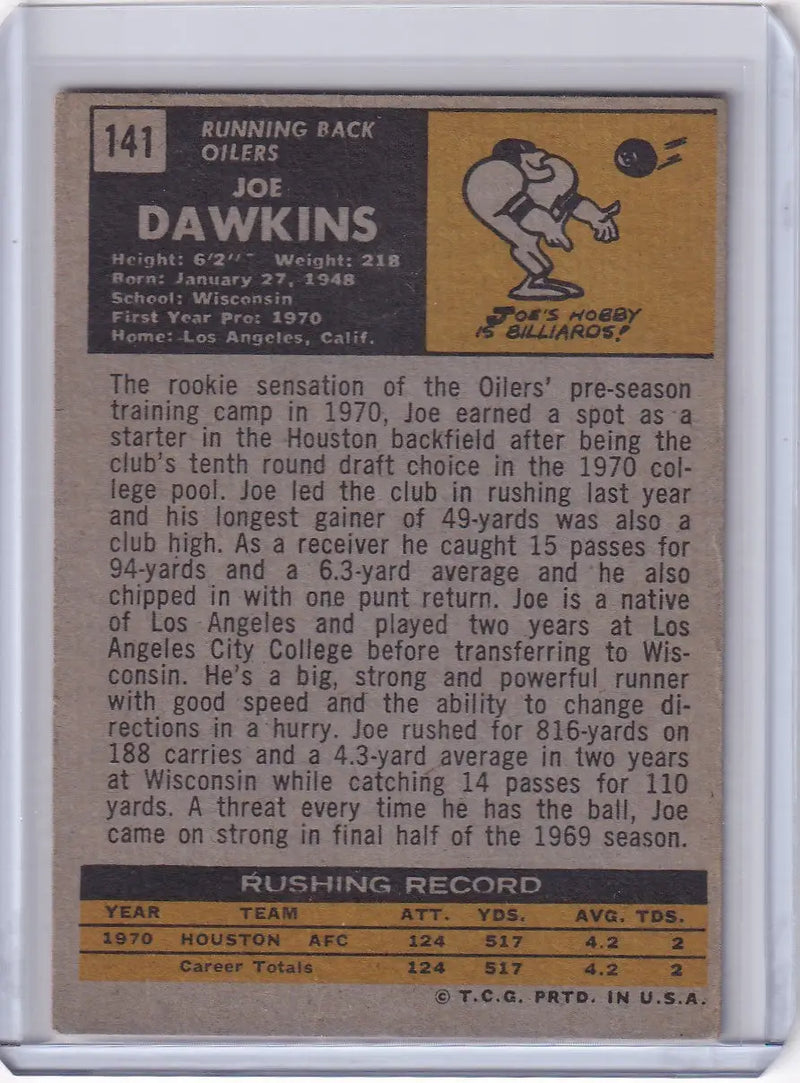 Topps Football trading card of Joe Dawkins, Houston Oilers RC from 1971