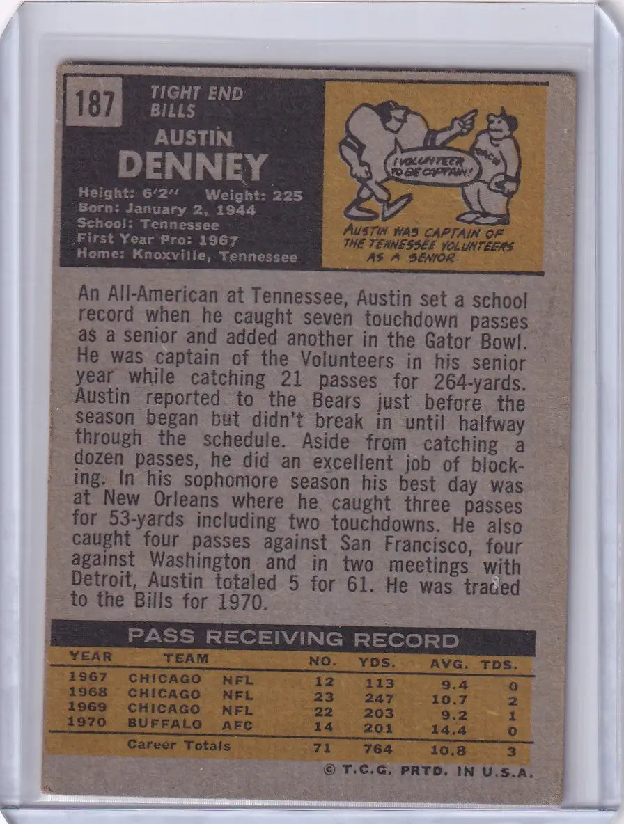 Vintage 1971 Topps Football trading card of Austin Denney from the Buffalo Bills RC