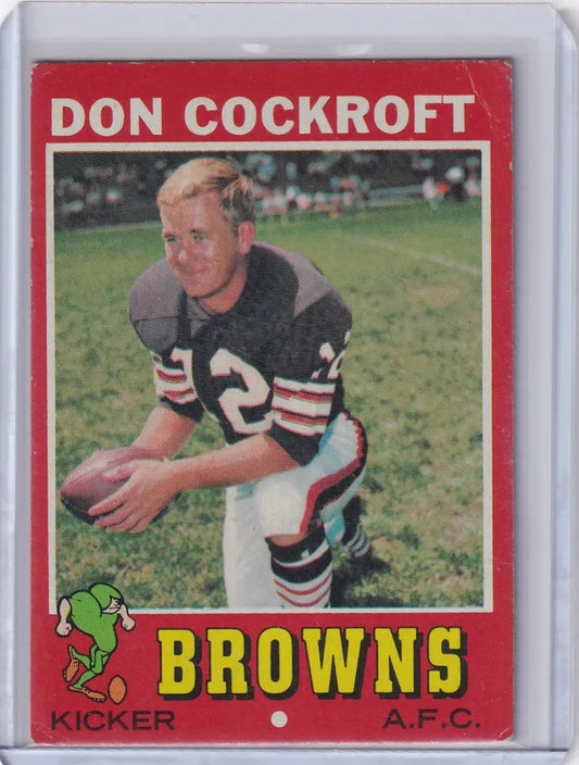 Vintage 1971 Topps Football card of Don Cockroft, Cleveland Browns kicker in uniform