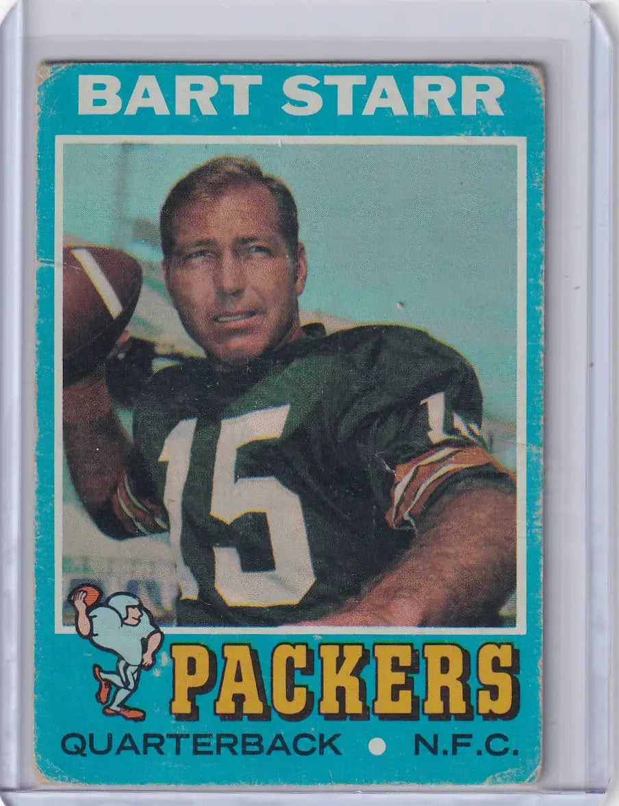 Vintage Topps Football card of Bart Starr, Green Bay Packers quarterback, jersey number 15