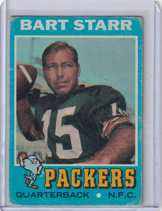Vintage Topps Football card of Bart Starr, Green Bay Packers quarterback, jersey number 15