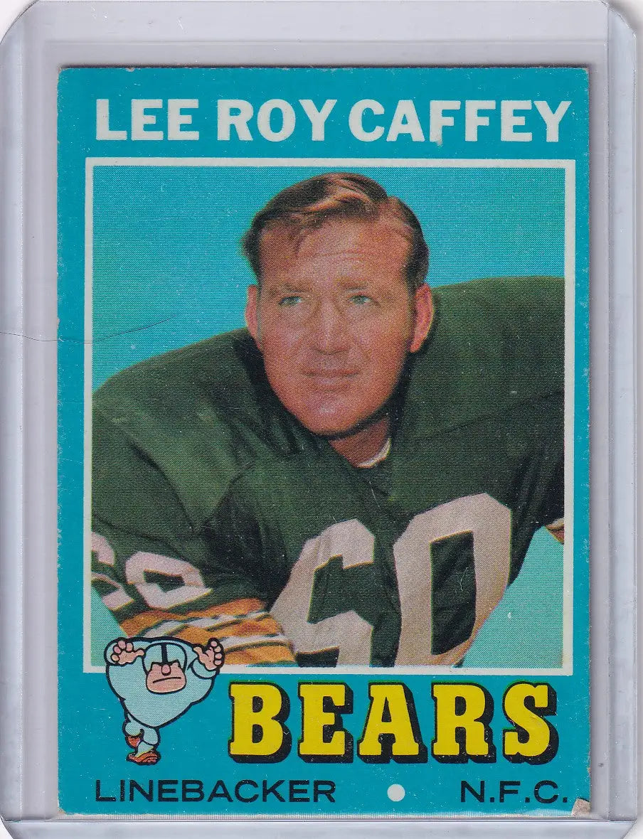 Vintage Topps Football card of Lee Roy Caffey, Chicago Bears linebacker in green jersey