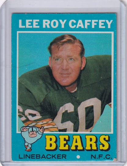 Vintage Topps Football card of Lee Roy Caffey, Chicago Bears linebacker in green jersey