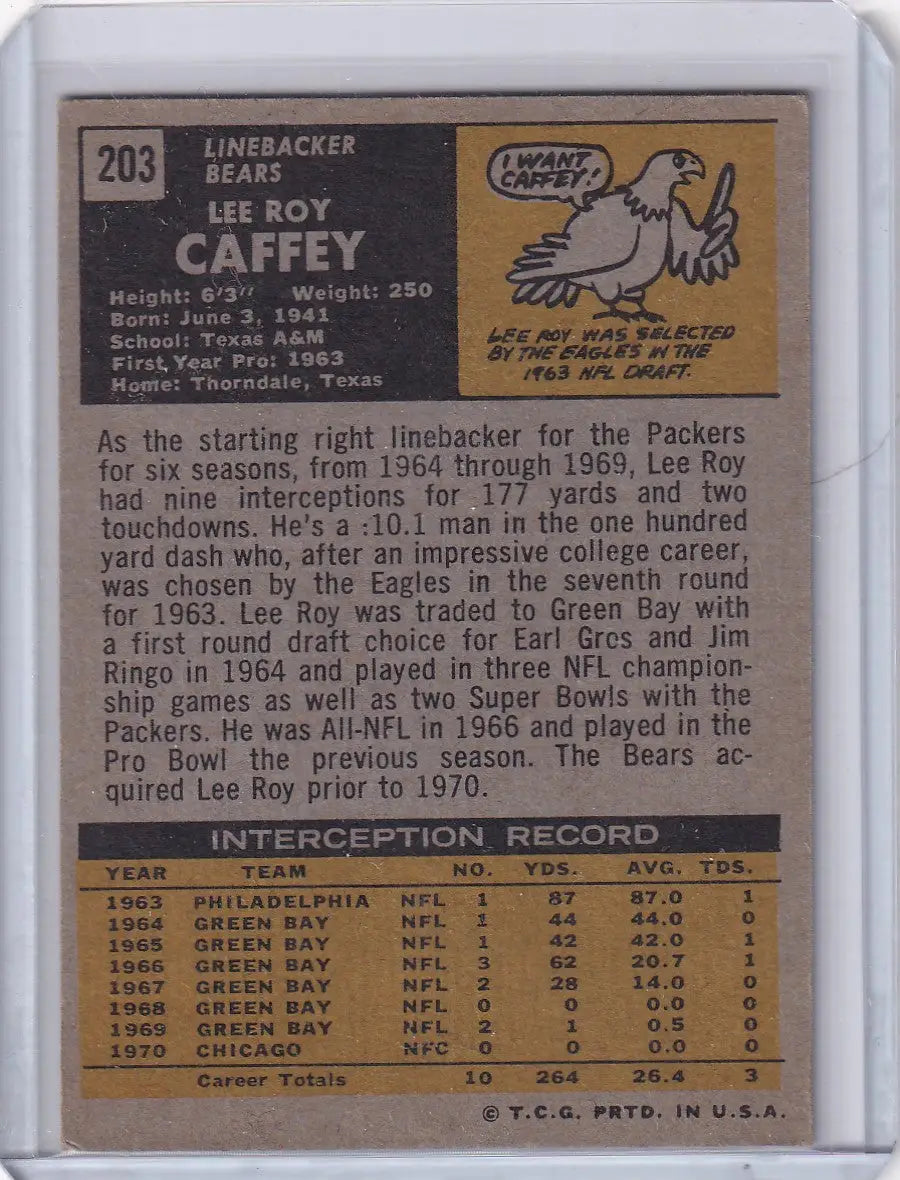 Vintage Topps Football card of Lee Roy Caffey from Chicago Bears, 1971 edition