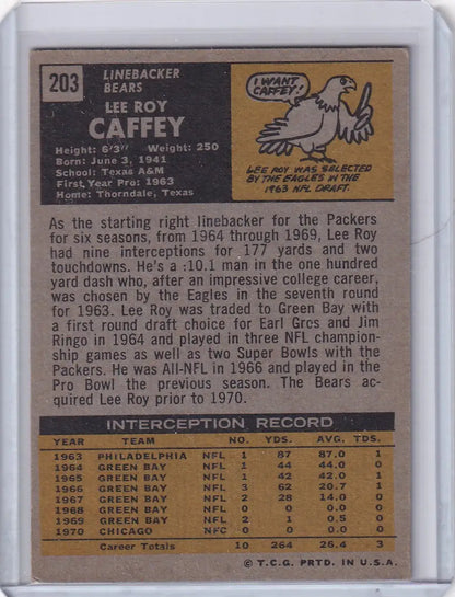 Vintage Topps Football card of Lee Roy Caffey from Chicago Bears, 1971 edition