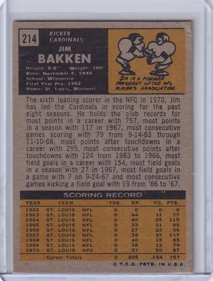 Vintage Topps Football card of Jim Bakken from the St. Louis Cardinals 1971 edition