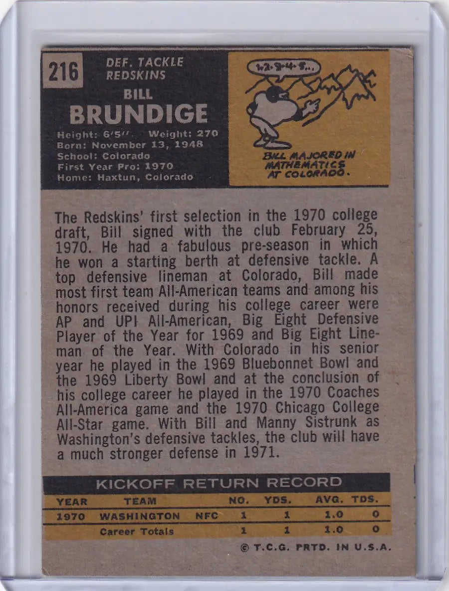 Vintage Topps Football trading card of Bill Brundige, Washington Redskins RC