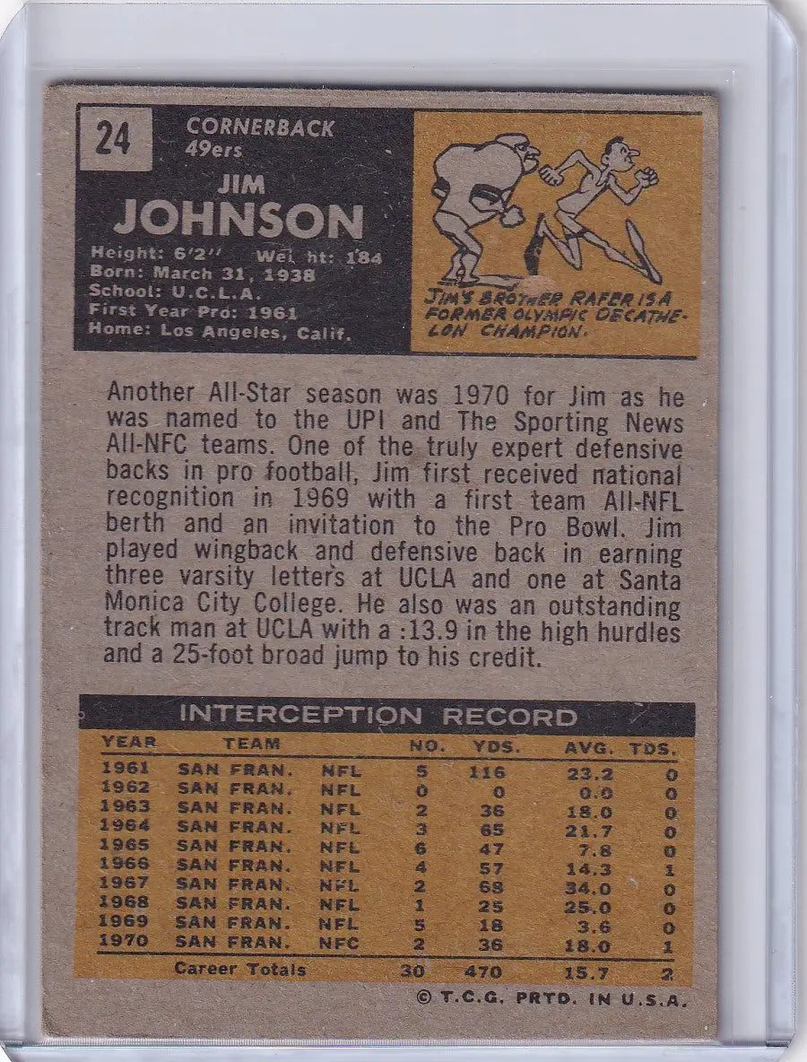 Vintage Topps Football card of Jim Johnson, San Francisco 49ers player with stats