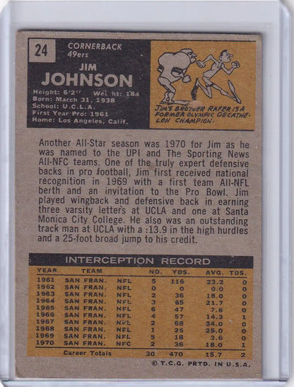 Vintage Topps Football card of Jim Johnson, San Francisco 49ers player with stats