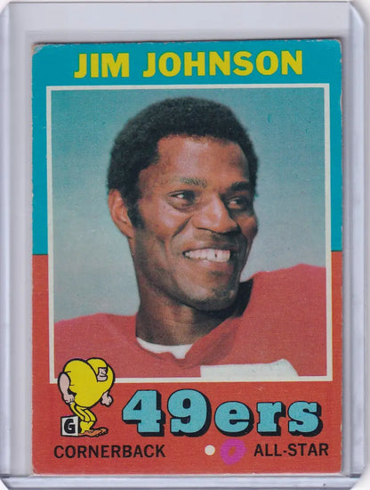 Vintage Topps Football card of Jim Johnson, smiling player from San Francisco 49ers
