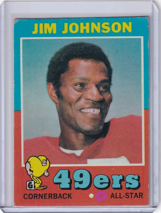 Vintage Topps Football card of Jim Johnson, smiling player from San Francisco 49ers