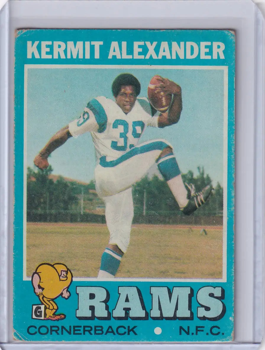 Vintage Topps Football card of Kermit Alexander, Los Angeles Rams cornerback in action