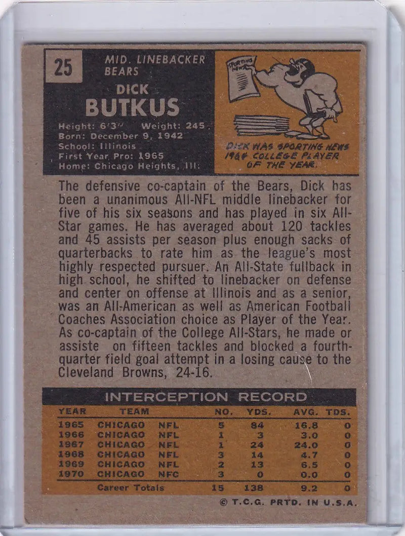 1971 Topps Football #25 Dick Butkus - Chicago Bears