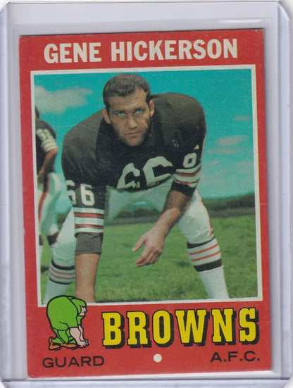 Vintage Topps Football card of Gene Hickerson in three-point stance for Cleveland Browns