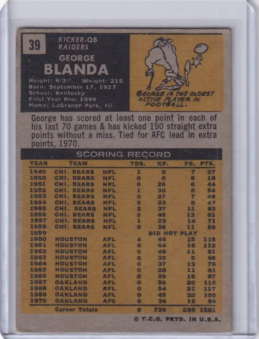 1971 Topps Football #39 George Blanda - Oakland Raiders