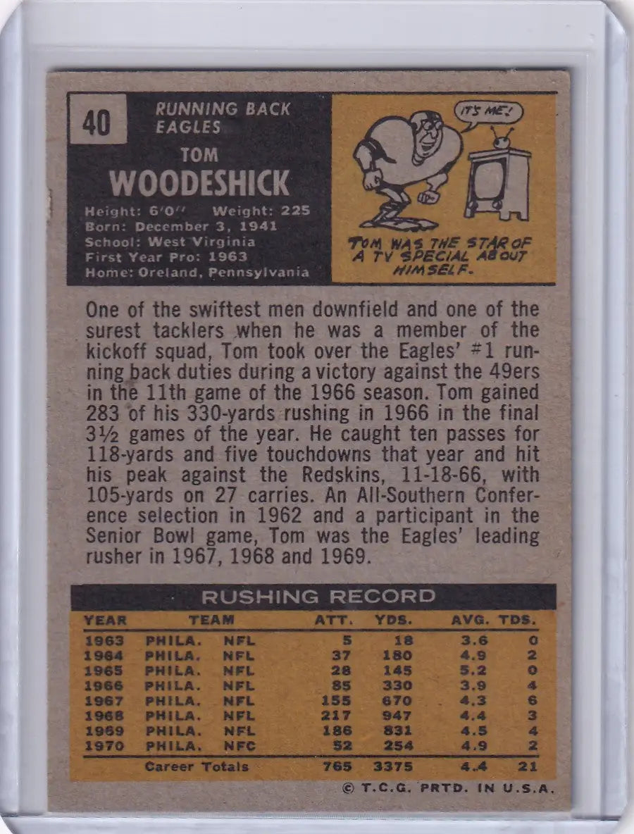 Topps Football trading card of Tom Woodeshick from the Philadelphia Eagles