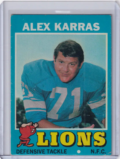 1971 Topps Football card of Alex Karras in light blue jersey for Detroit Lions