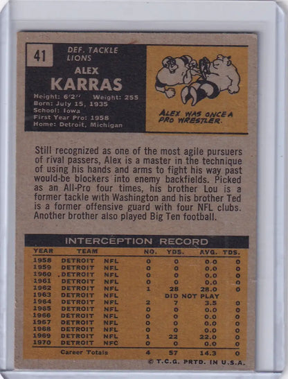 Vintage 1971 Topps Football card of Alex Karras, Detroit Lions legend