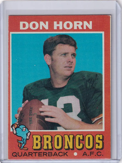 Vintage Topps Football card of Don Horn from the Denver Broncos in a green jersey