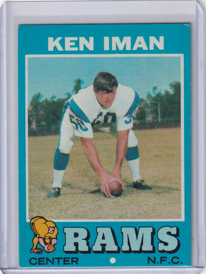 Football trading card of Ken Iman in white uniform for Los Angeles Rams Topps Football