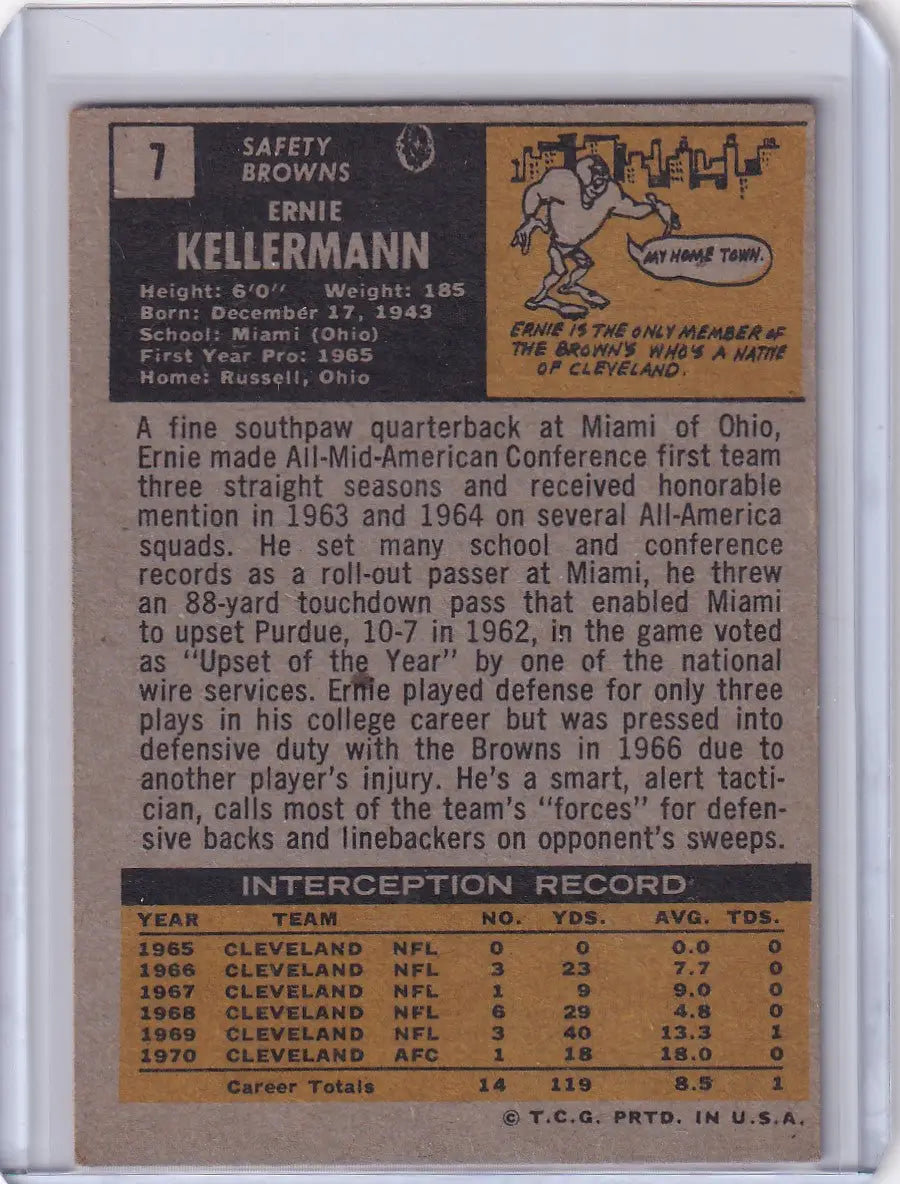 Vintage Topps Football trading card of Ernie Kellerman from the Cleveland Browns