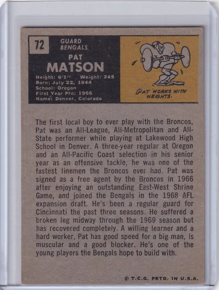 Vintage Topps Football card featuring Pat Matson and a cartoon football player illustration
