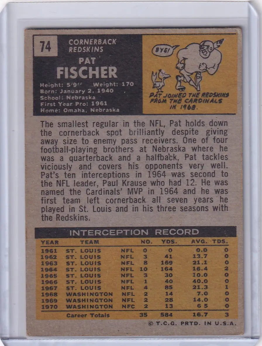 Vintage Topps Football card featuring Pat Fischer of the Washington Redskins